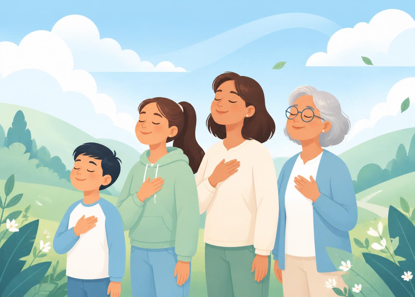 A family breathing calmly together outdoors on a bright day